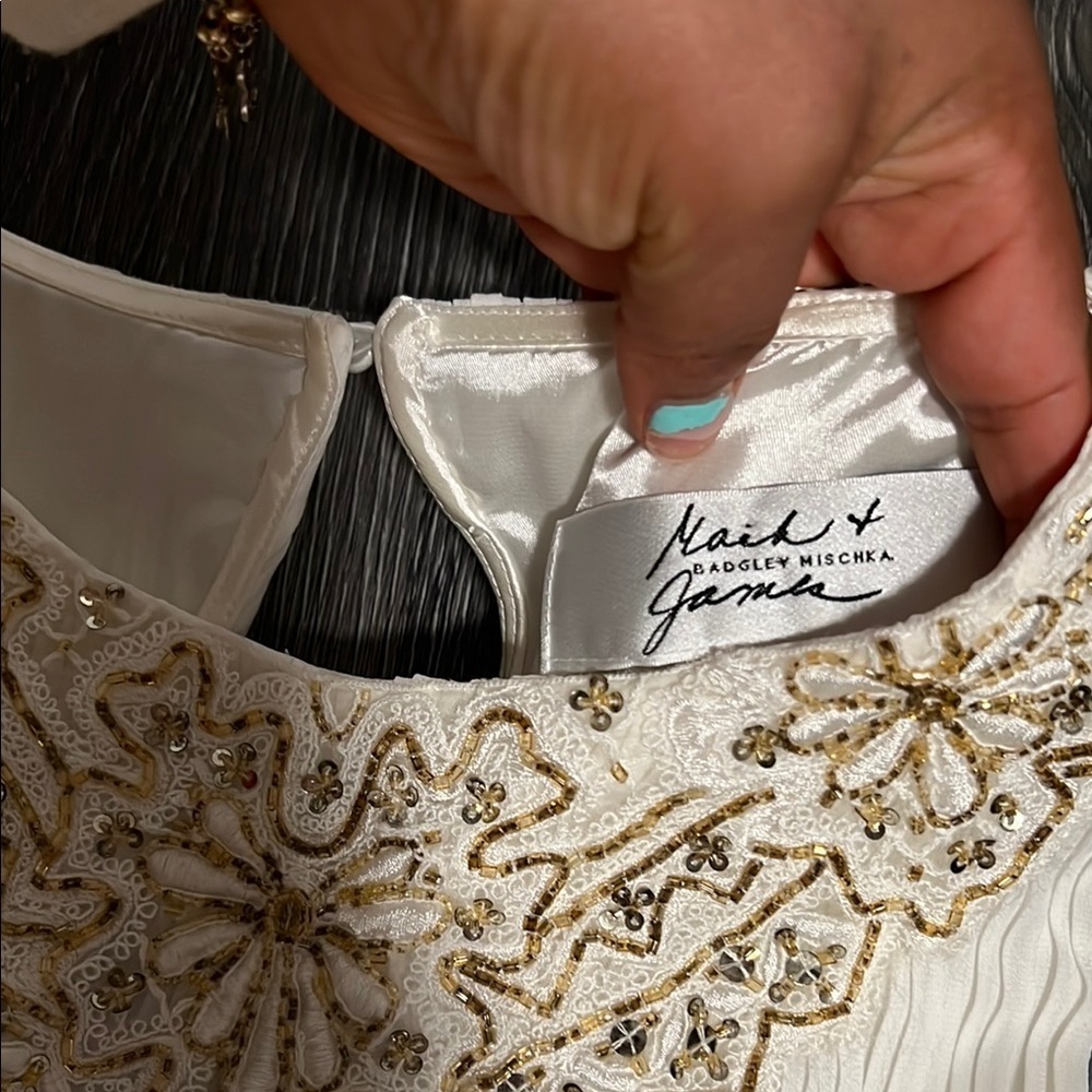 Badgley Mischka White Maxi Dress with Gold Accents - Picture 2 of 11